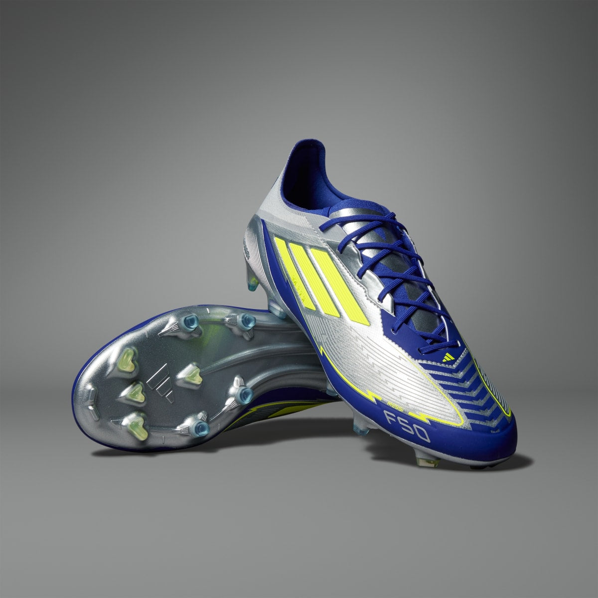 Adidas Men's F50 Elite Messi Firm Ground Cleats - Silver Metallic / Solar Yellow / Lucid Blue - Image 1