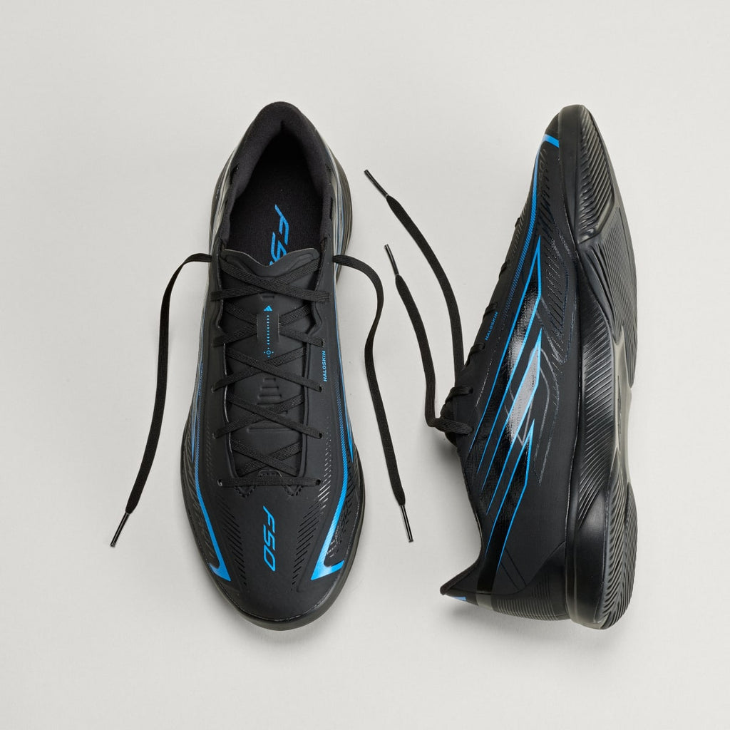 Adidas Men's F50 HYPERFAST LEAGUE Indoor Soccer Cleats - Core Black / Core Black / Lucid Ray Blue - Image 4