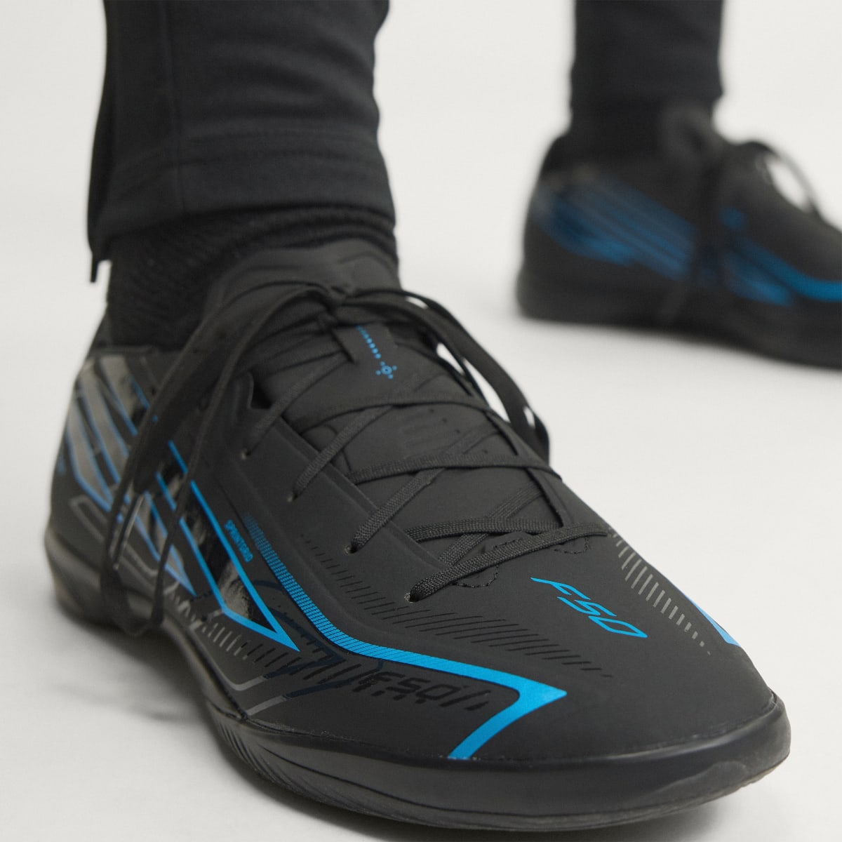 Adidas Men's F50 HYPERFAST LEAGUE Indoor Soccer Cleats - Core Black / Core Black / Lucid Ray Blue - Image 5
