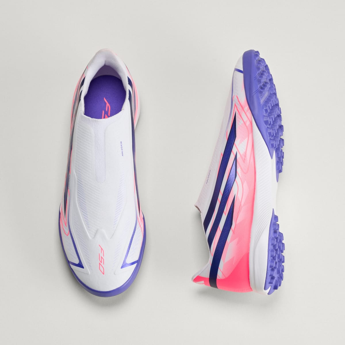 Adidas Women's F50 Hyperfast League Laceless Turf Soccer Cleats - Cloud White / Solar Purple / Solar Turbo - Image 4