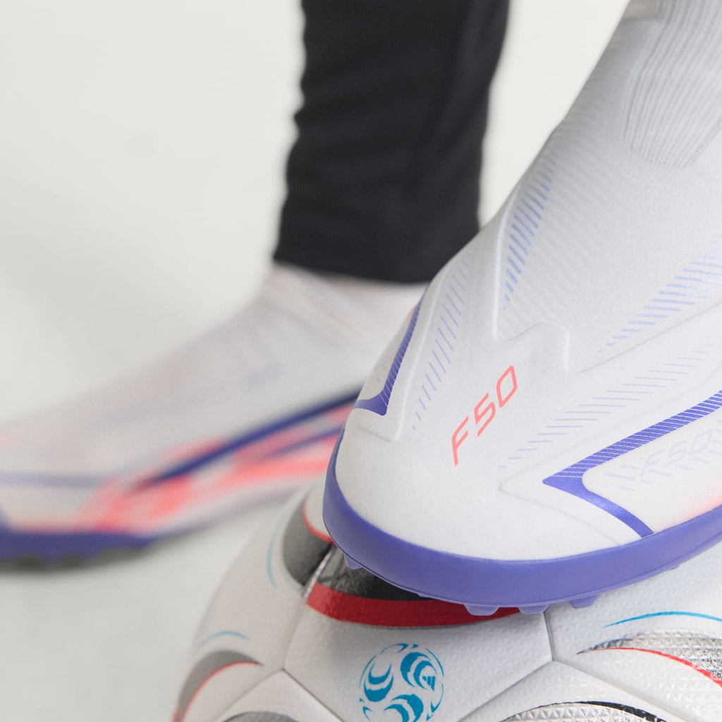 Adidas Women's F50 Hyperfast League Laceless Turf Soccer Cleats - Cloud White / Solar Purple / Solar Turbo - Image 5