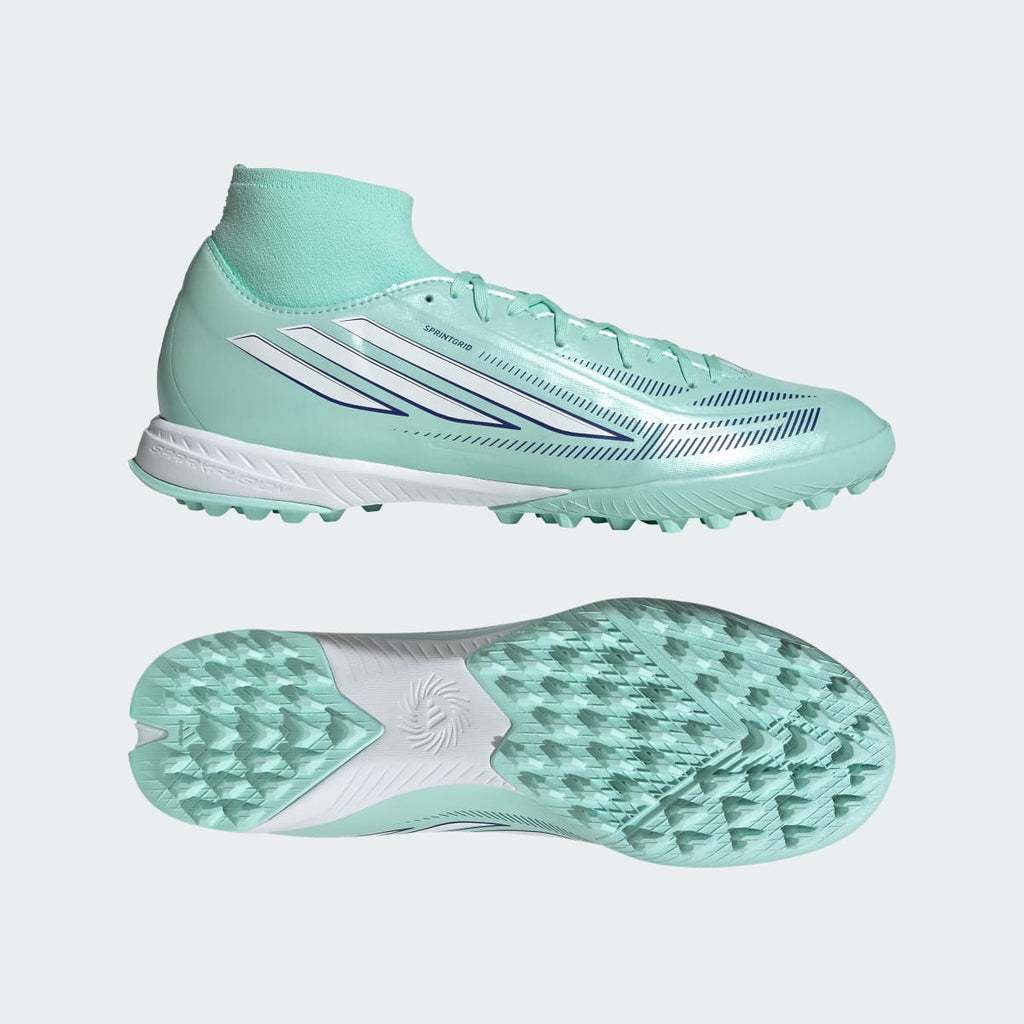 Adidas Women's F50 SPARKFUSION LEAGUE Mid Cut Turf Soccer Shoes Womens - Clear Mint / Cloud White / Solar Purple - Image 1
