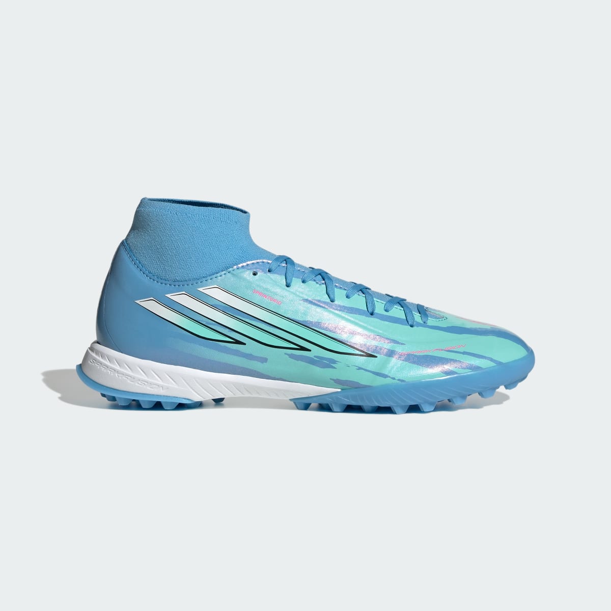 Adidas Women's F50 Sparkfusion League Mid Cut Turf Soccer Cleats Trinity Rodman - Semi Blue Burst / Cloud White / Lucid Pink - Image 2