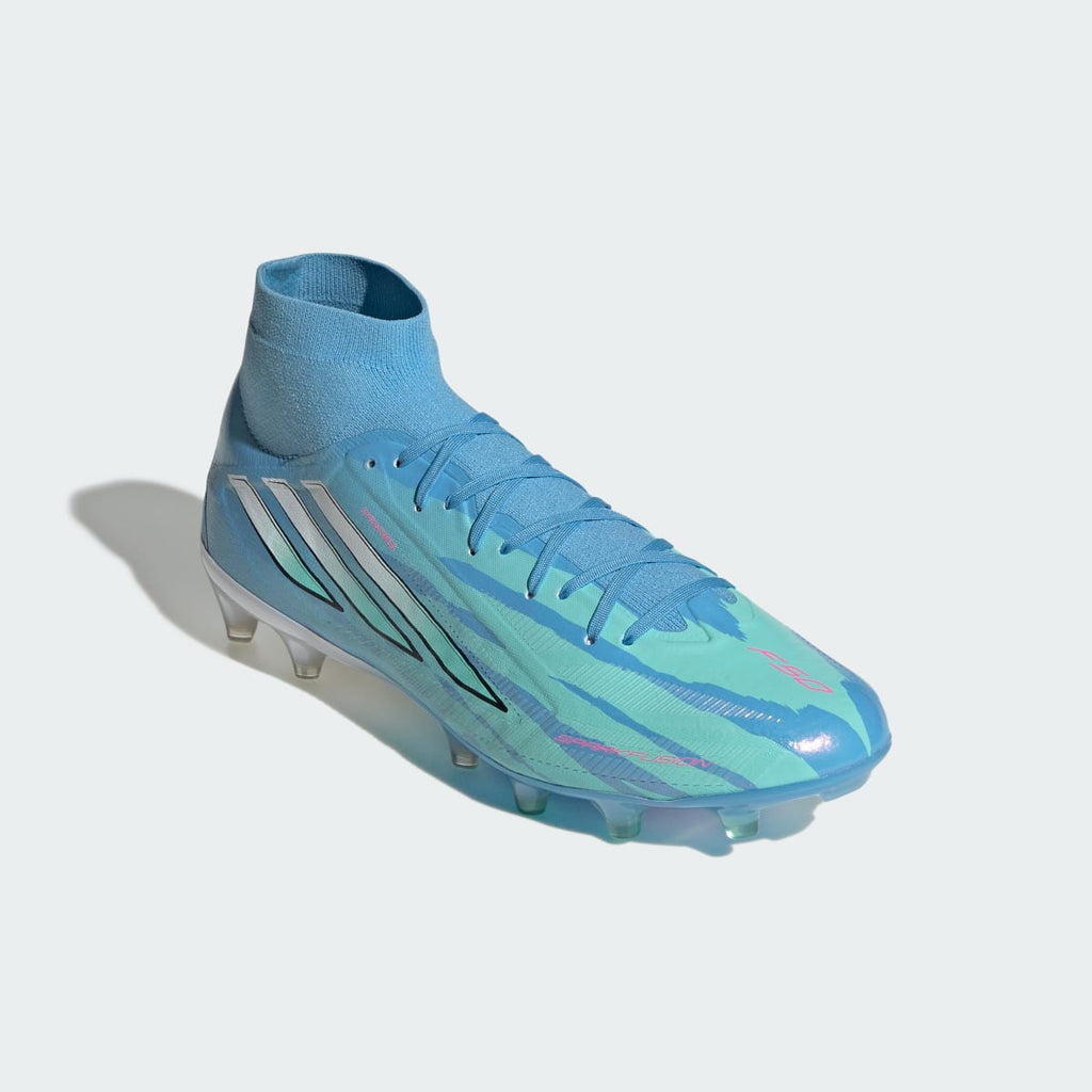 Adidas Women's F50 Sparkfusion Pro Mid Cut Firm Ground / Artificial Grass Soccer Cleats Trinity Rodman - Semi Blue Burst / Cloud White / Lucid Pink - Image 5