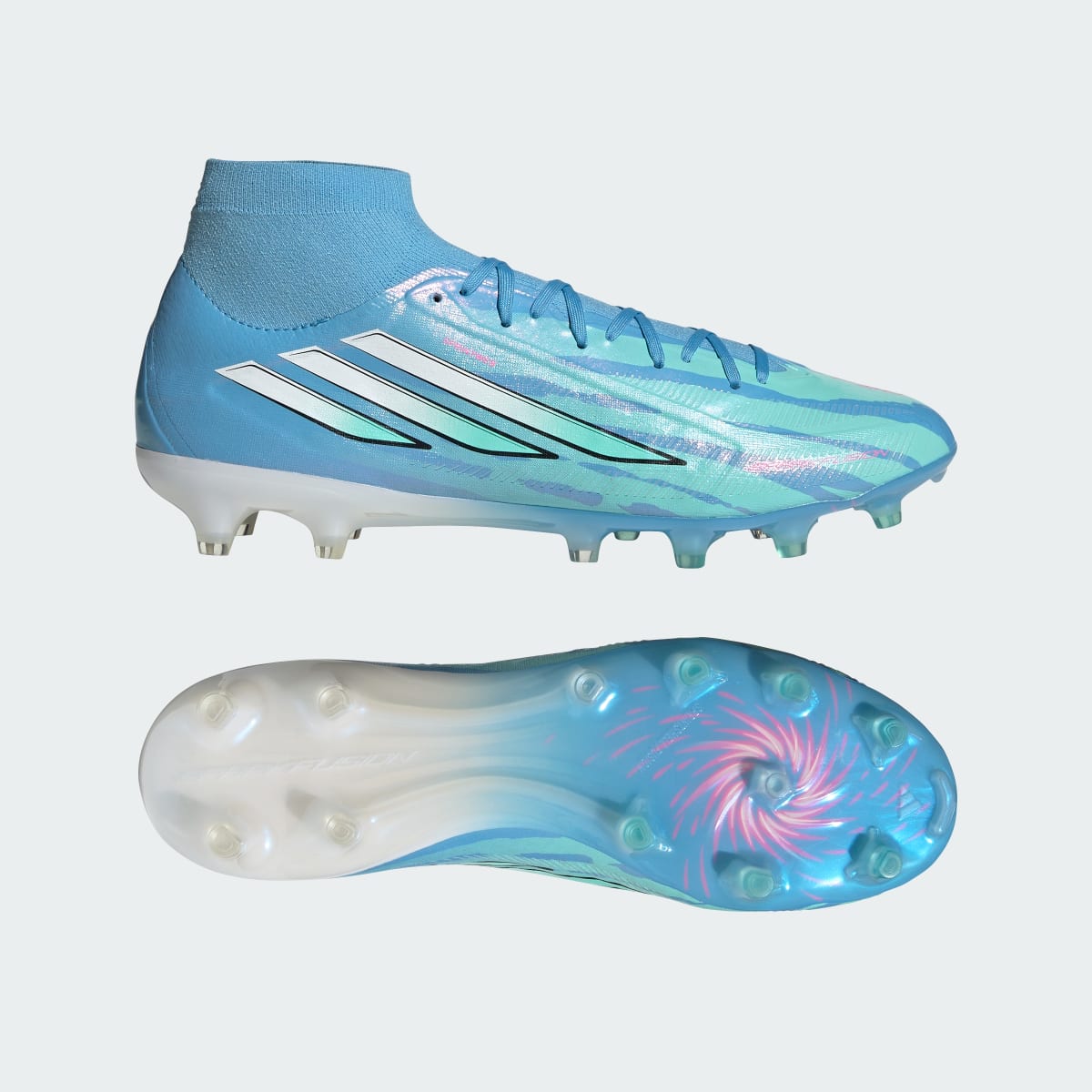 Adidas Women's F50 Sparkfusion Pro Mid Cut Firm Ground / Artificial Grass Soccer Cleats Trinity Rodman - Semi Blue Burst / Cloud White / Lucid Pink - Image 1