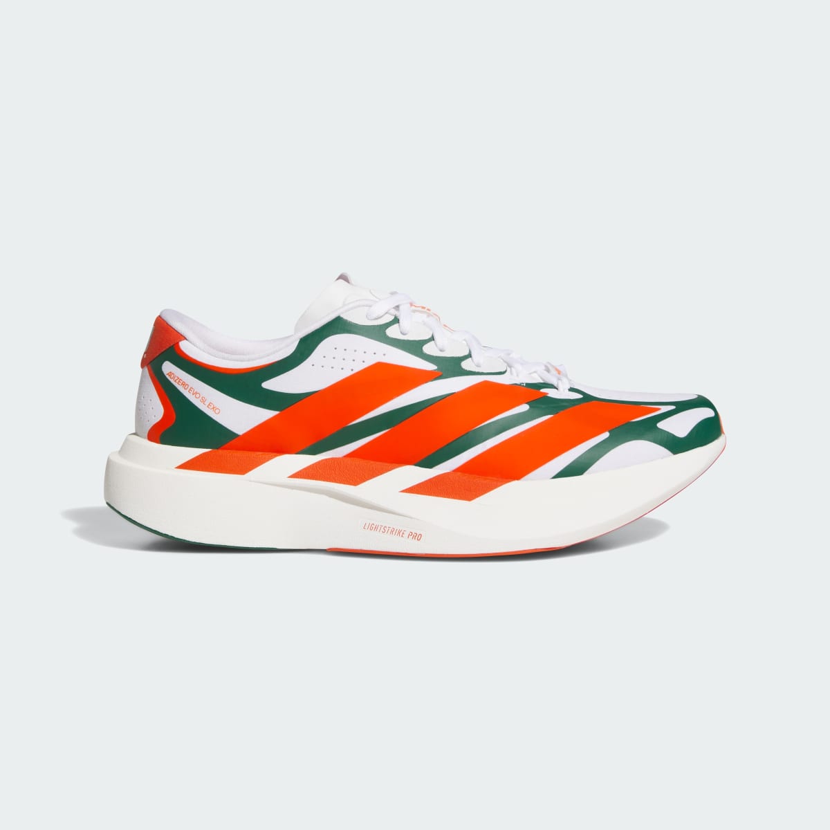 Adidas Women's MIAMI HURRICANES ADIZERO EVO SL EXO Shoes - Cloud White / Dark Green / Collegiate Orange - Image 1