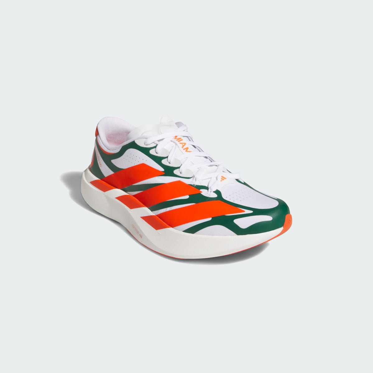 Adidas Men's MIAMI HURRICANES ADIZERO EVO SL EXO Shoes - Cloud White / Dark Green / Collegiate Orange - Image 4