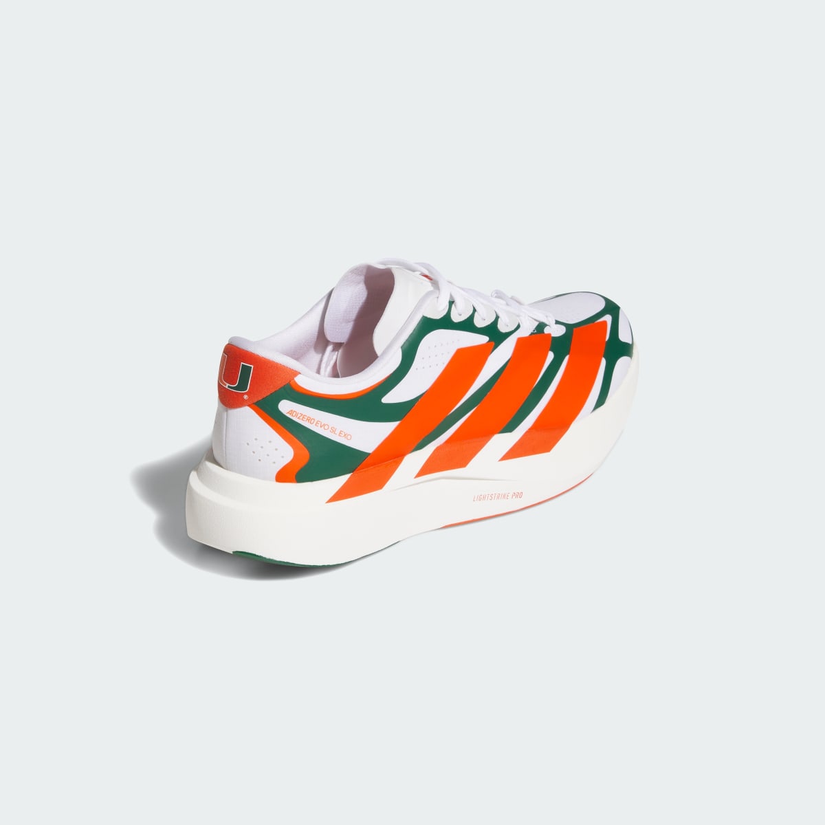 Adidas Men's MIAMI HURRICANES ADIZERO EVO SL EXO Shoes - Cloud White / Dark Green / Collegiate Orange - Image 5