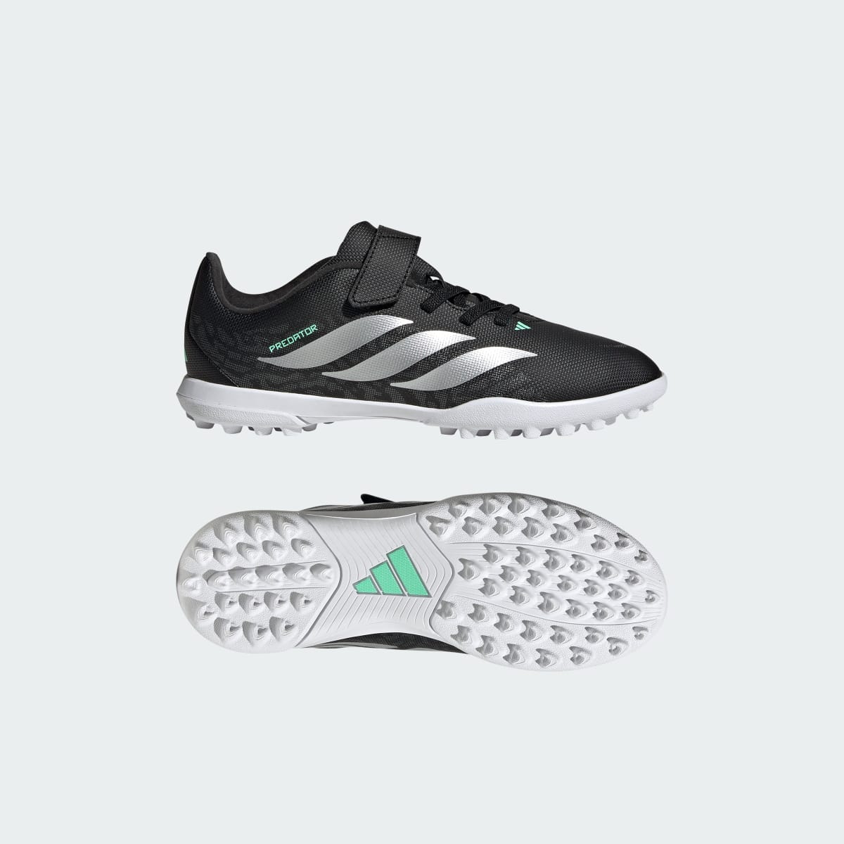 Adidas Kids' PREDATOR CLUB Hook & Loop Turf Soccer Cleats Kids - Core Black / Silver Metallic / Pulse Mint - Image 1