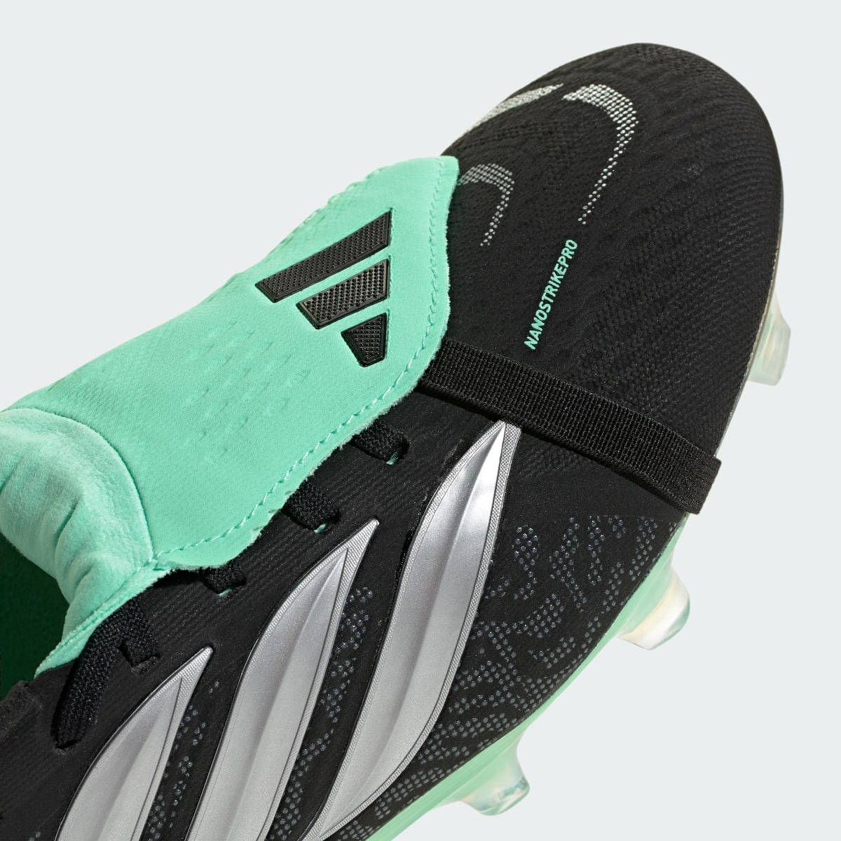Adidas Men's PREDATOR PRO Fold-Over Tongue Firm Ground Soccer Cleats - Core Black / Silver Metallic / Pulse Mint - Image 9