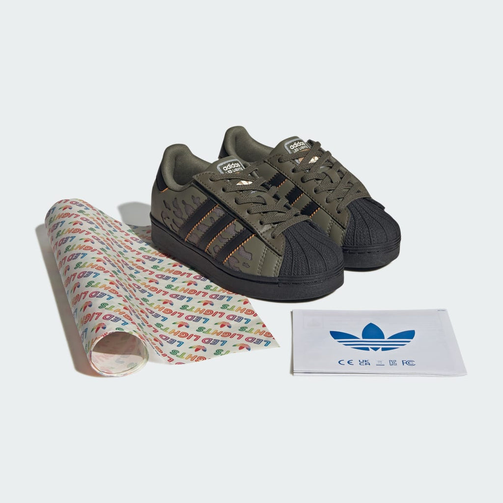 Adidas Kids' SUPERSTAR LED LIGHTS COMFORT CLOSURE ELASTIC LACE SHOES - Silver Pebble / Olive Strata / Core Black - Image 8